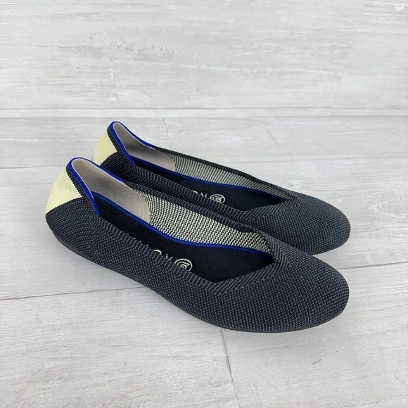 Rothy’s Ballet Flats Shoes Size 7.5 Citron Ribbon Stripe Gray Yellow Retired - Picture 1 of 13